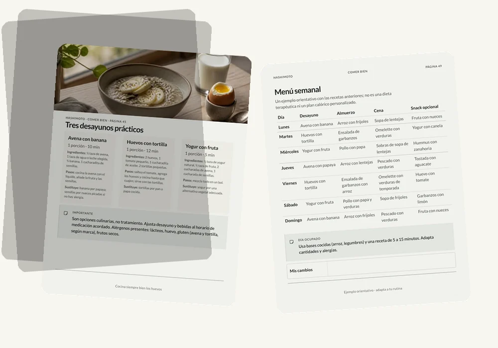Páginas de recetas y menú semanal de la guía